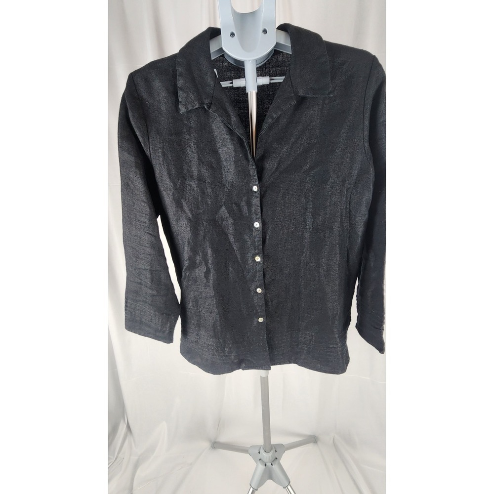 Summer! 100% Linen Petites Women's Black Collared Button Front Blouse PL